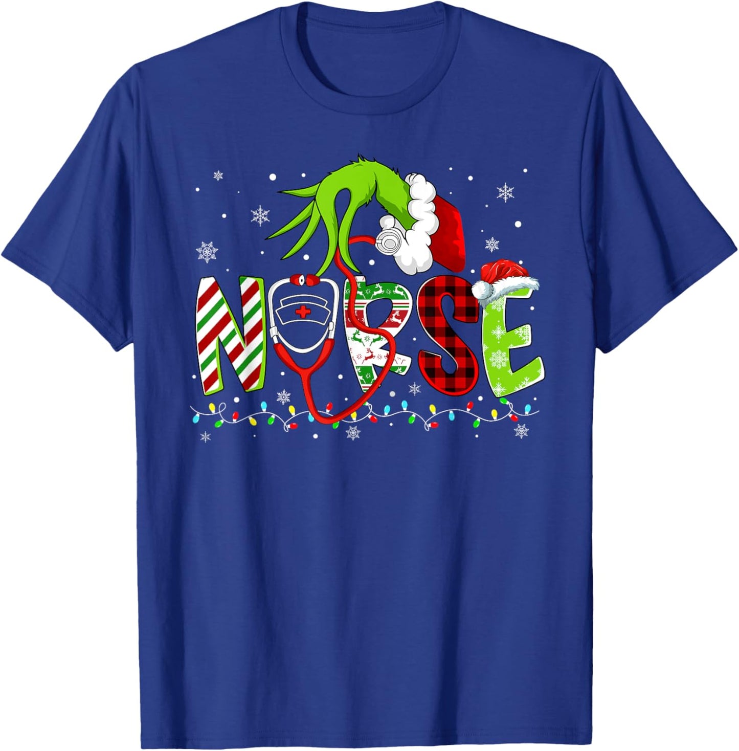 Nurse Funny Merry Christmas Stethoscope Lights Xmas Pajamas T-Shirt - T-Shirt | Royal