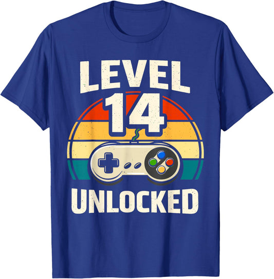 14th Birthday Level 14 Unlocked Gamer Gaming Boy Birthday T-Shirt - T-Shirt | Royal