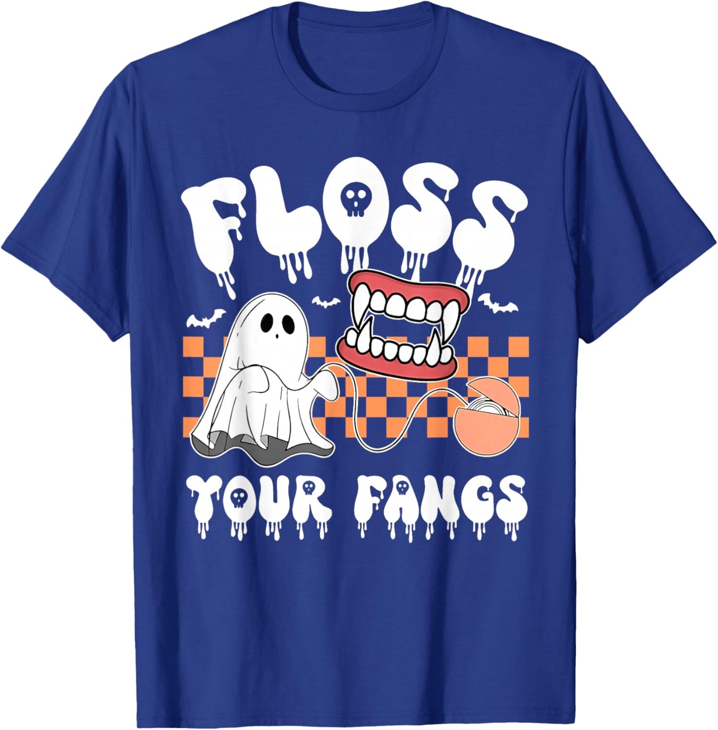 Retro Funny Teeth Floss Your Fangs Dentist Spooky Halloween T-Shirt - T-Shirt | Royal