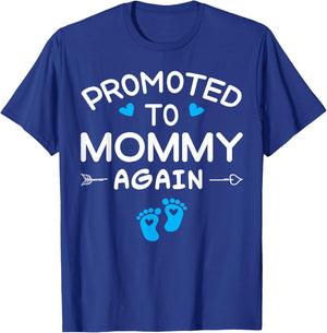 Funny Promoted to Mommy Again It's A Boy Pregnancy Reveal T-Shirt - T-Shirt | Royal