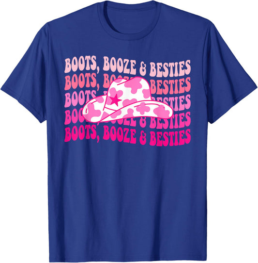 Boots Booze & Besties Western Cowgirls Groovy Bachelorette T-Shirt - T-Shirt | Royal