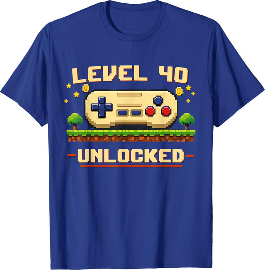 Funny Level 40 Unlocked Video Game 40th Birthday Gamer Pixel T-Shirt - T-Shirt | Royal