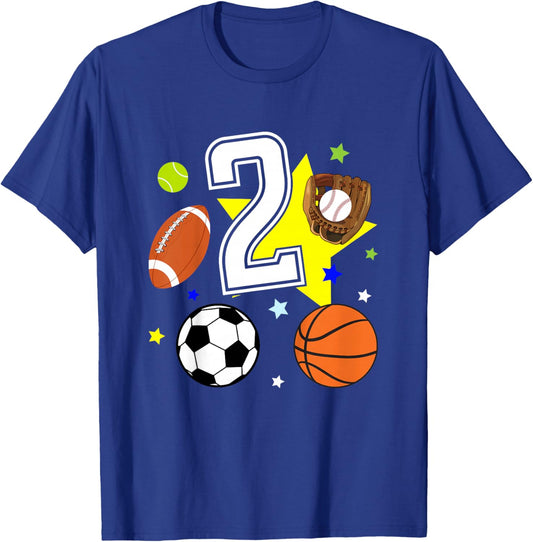 Kids 2nd Birthday Sports Birthday Theme 2 Year Old Boy T-Shirt - T-Shirt | Royal