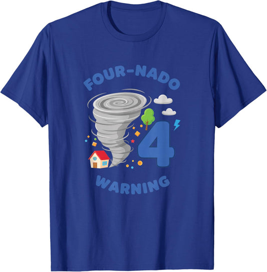 Four-nado Warning 4TH Birthday Kids Tornado Party T-Shirt - T-Shirt | Royal