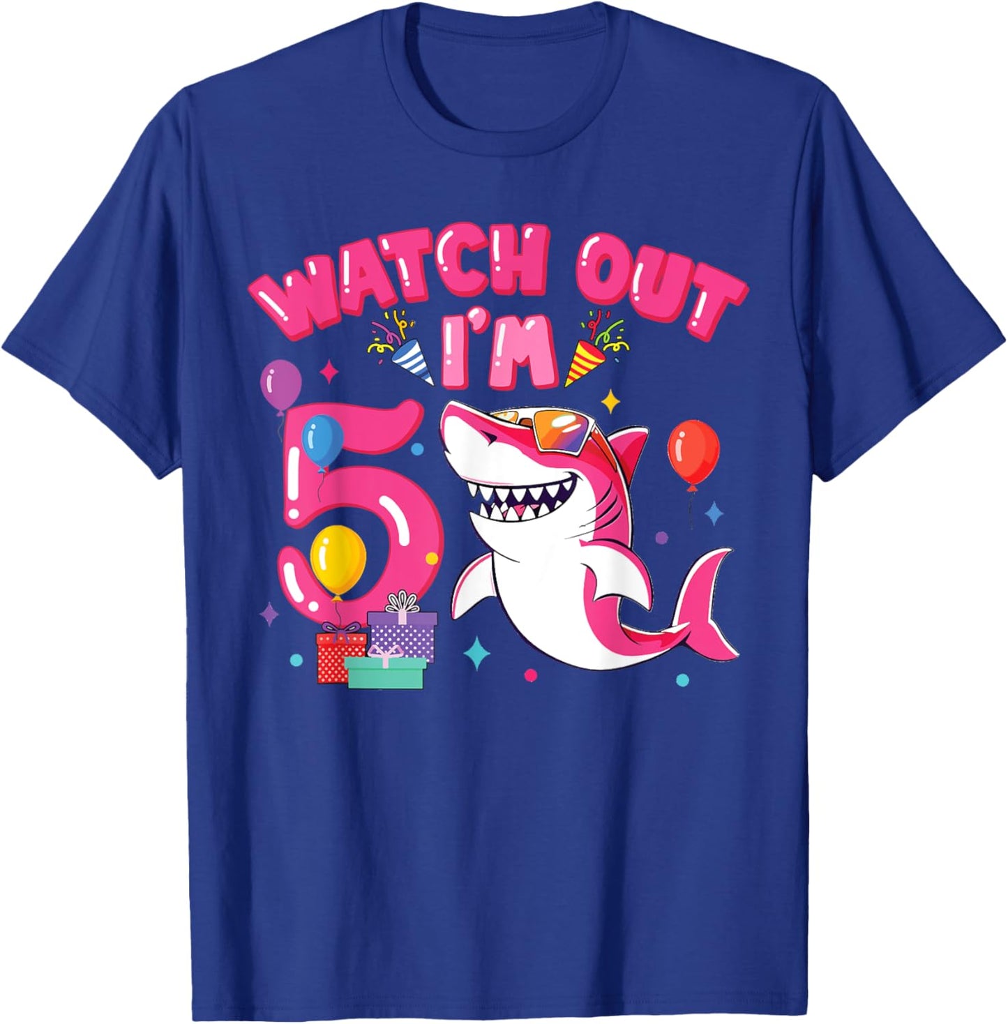 Watch Out I'm 5 Shark Sea Animal 5th Birthday Party Girls T-Shirt - T-Shirt | Royal