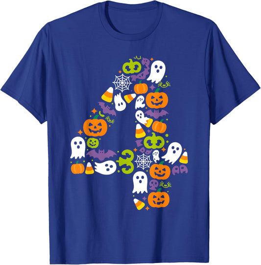 Halloween Birthday Number Four Pumpkin Ghost Kids T-Shirt - T-Shirt | Royal