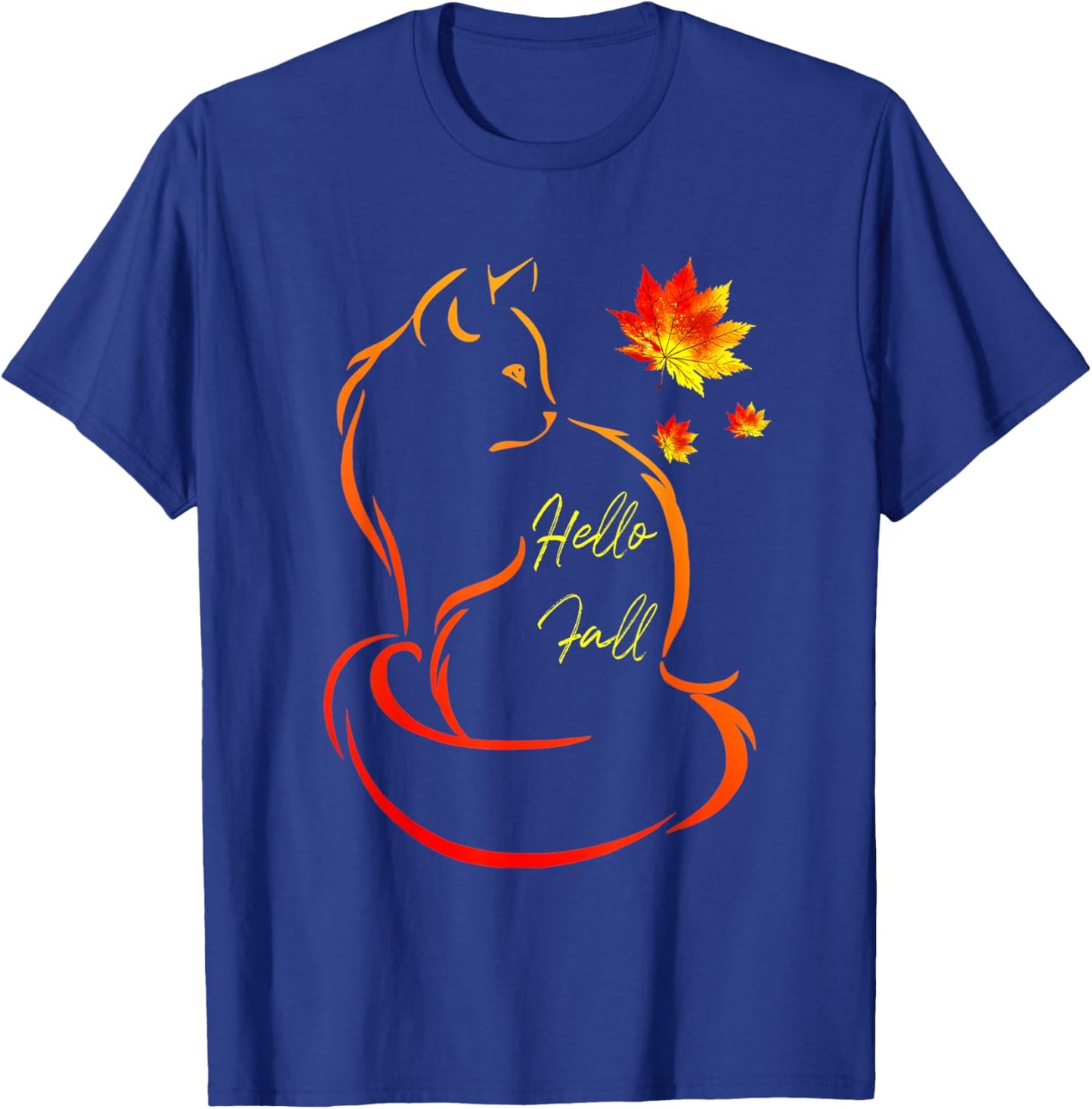 Hello Fall Cat Shirt Cat Autumn Leaves Kitten Lover Women Kids T-Shirt - T-Shirt | Royal
