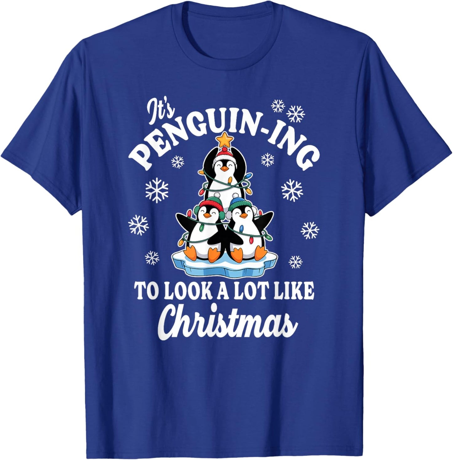 Penguin-ing Christmas Tree on Ice Cute Holiday T-Shirt - T-Shirt | Royal