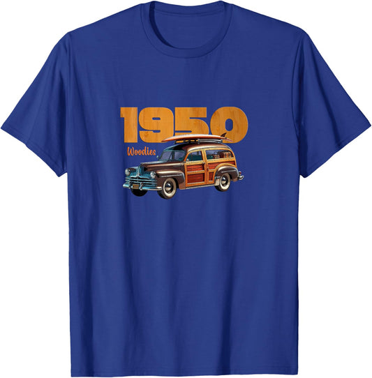 Vintage 1950 Woody Station Wagon, Surfing, Classic Car Art T-Shirt - T-Shirt | Royal