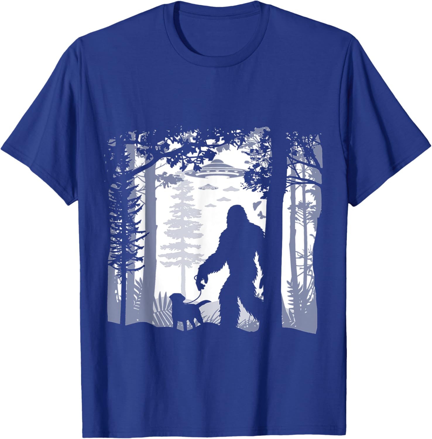 Funny Sasquatch Bigfoot Walking Dog In Woods With Alien Ufos T-Shirt - T-Shirt | Royal