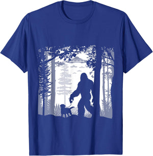 Funny Sasquatch Bigfoot Walking Dog In Woods With Alien Ufos T-Shirt - T-Shirt | Royal