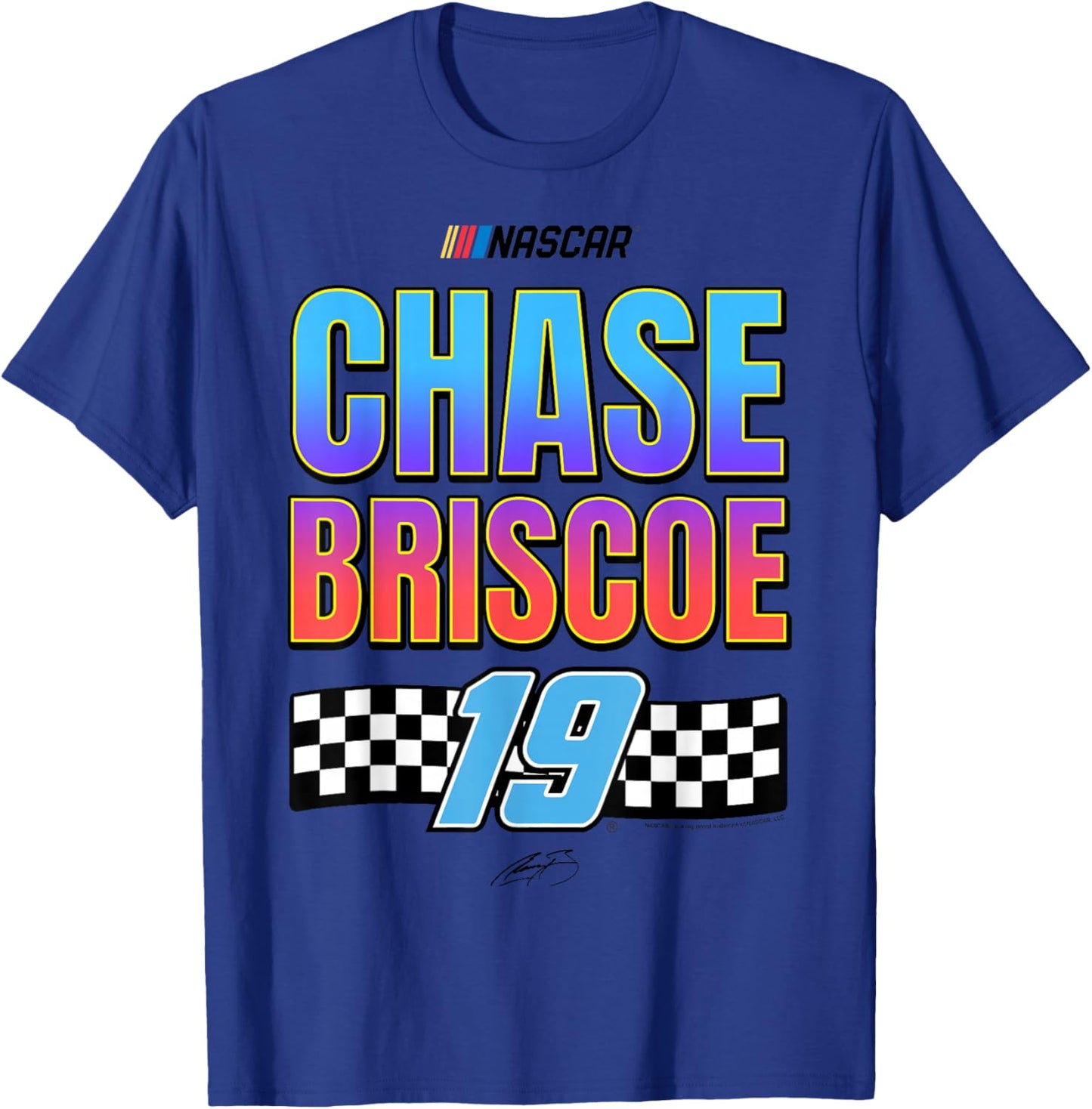 NASCAR Chase Briscoe No 19 Checkered Flag Gradient Signature T-Shirt - T-Shirt | Royal