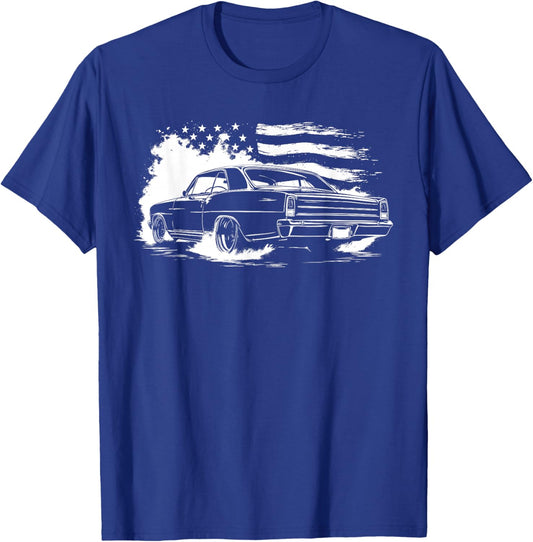 1966-1967 Nova Classic Flaming USA Flag Rear Silhouette T-Shirt - T-Shirt | Royal
