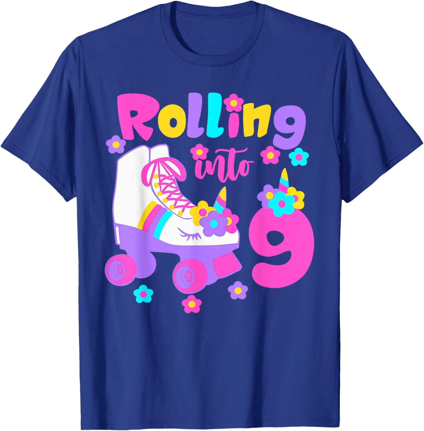 Rolling Into 9 Years Old Roller Skating Girl 9th Birthday T-Shirt - T-Shirt | Royal