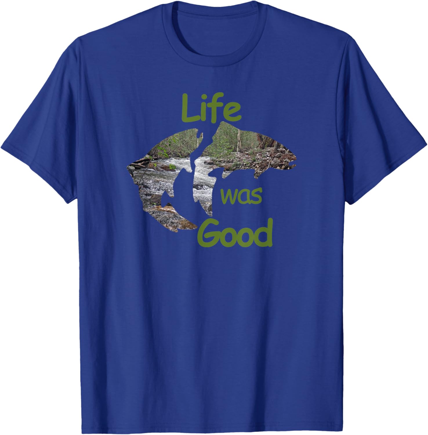 Life Was Good (LWG) Two Trout with inlay stream scene. T-Shirt - T-Shirt | Royal