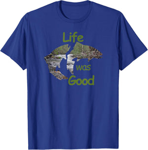 Life Was Good (LWG) Two Trout with inlay stream scene. T-Shirt - T-Shirt | Royal