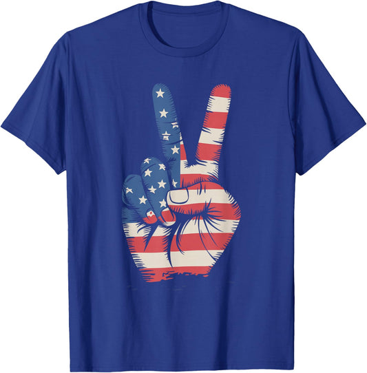 USA Flag Peace Sign Hand 4th of July T-Shirt - T-Shirt | Royal