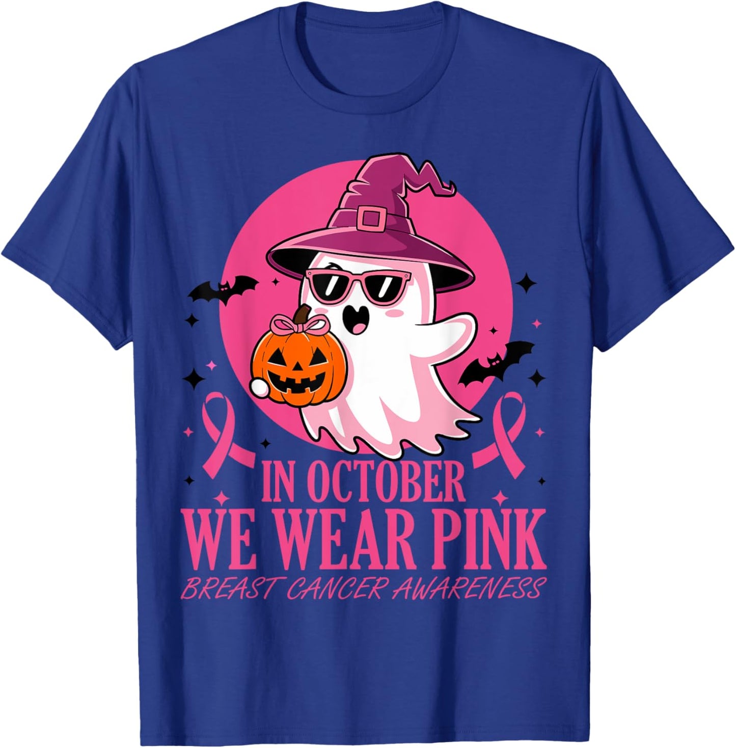 In October We Wear Pink Breast Cancer Awareness Halloween T-Shirt - T-Shirt | Royal