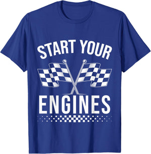 Start Your Engines Vintage Race Car Checkered Flag T-Shirt - T-Shirt | Royal