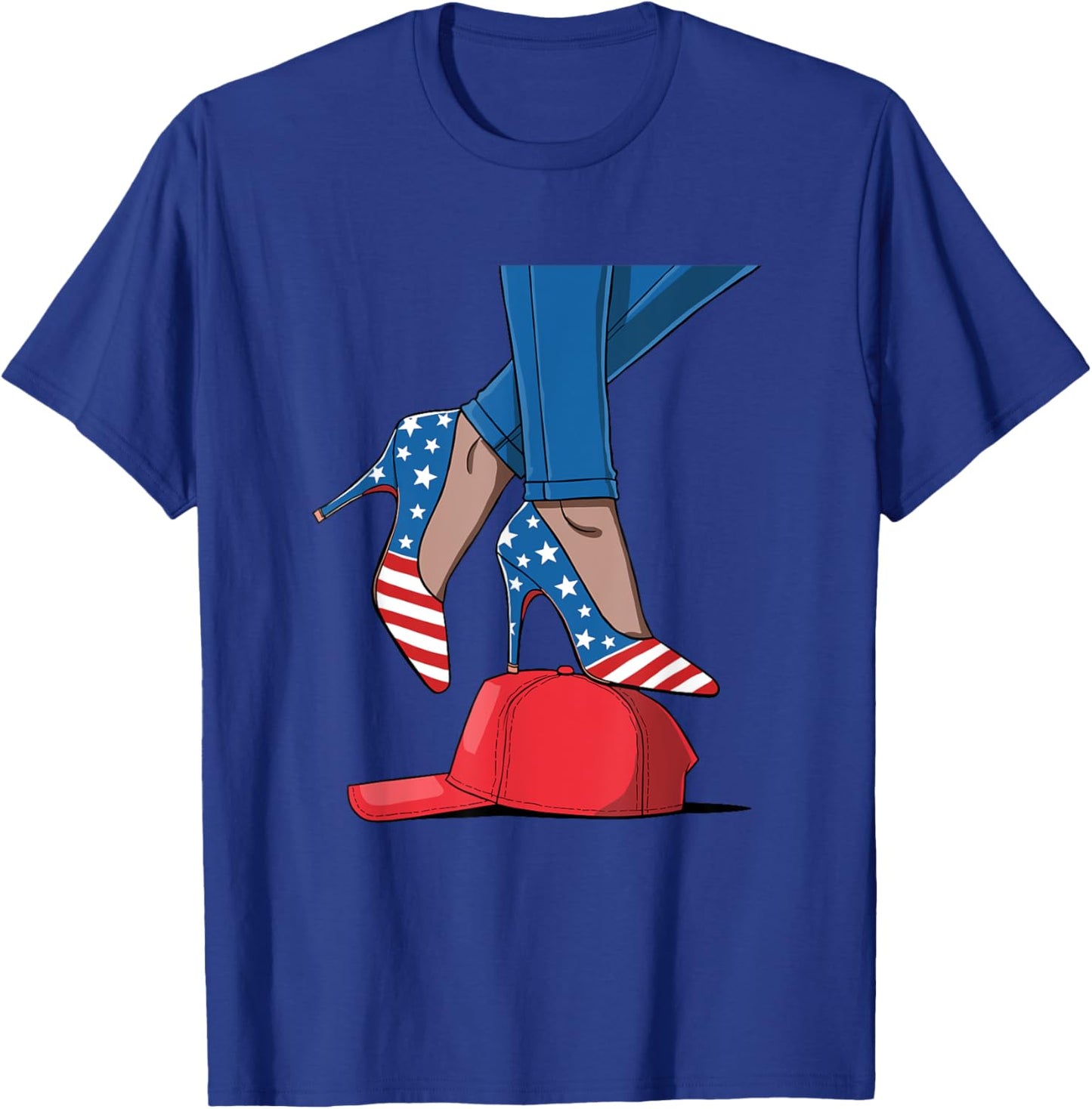 Kamala Harris High Heel Shoes Stepping on Red Hat T-Shirt - T-Shirt | Royal