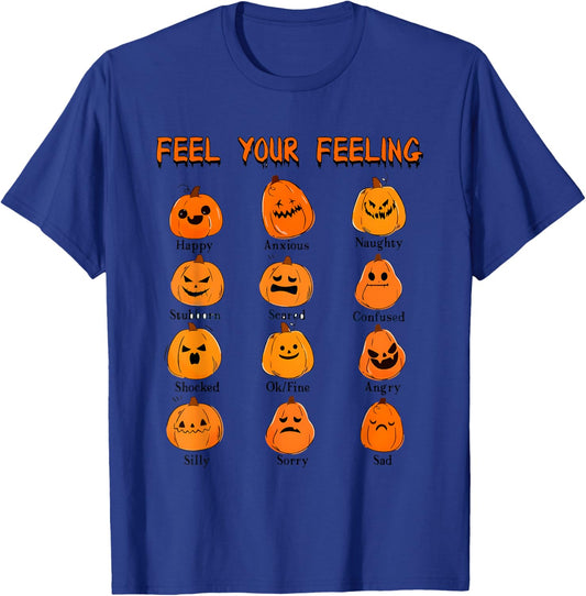 Retro Feel Your Feeling Halloween Pumpkin Face Expressions T-Shirt - T-Shirt | Royal
