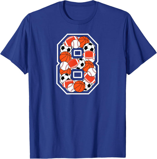 8th Birthday Sports Birthday Party 8 Year Old Boy T-Shirt - T-Shirt | Royal