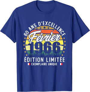 Vintage February 1966 60th Birthday Gift T-Shirt - T-Shirt | Royal