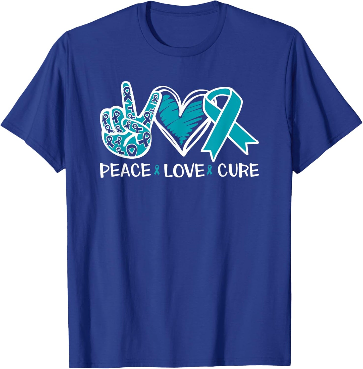 Ovarian Cancer Peace Love Cure Teal Ribbon T-Shirt - T-Shirt | Royal