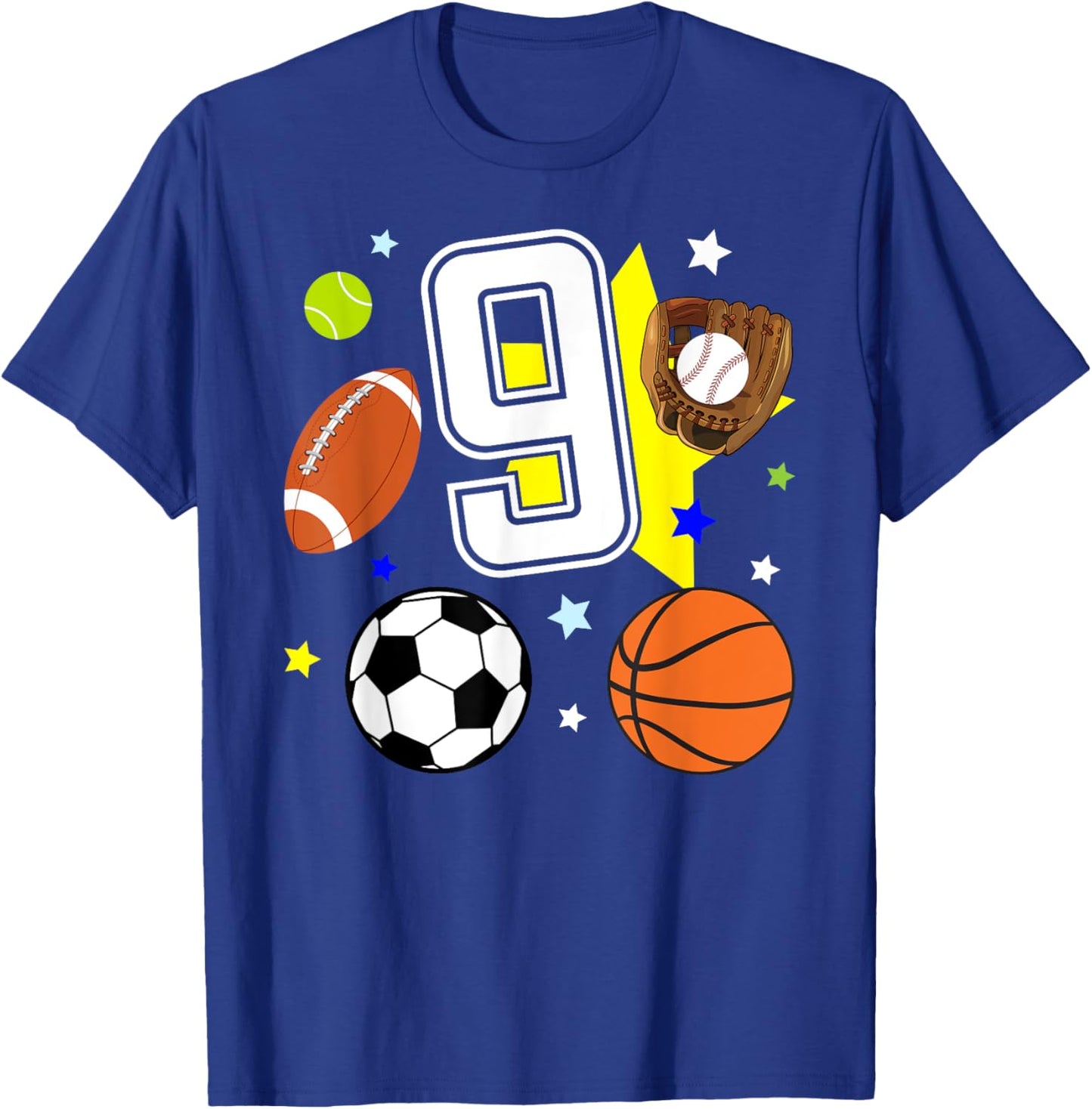 9th Birthday Sports Birthday Theme 9 Year Old Boy T-Shirt - T-Shirt | Royal