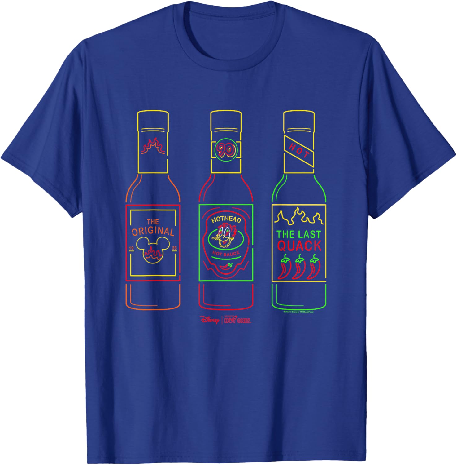 Disney Hot Ones Donald Duck Sauces Lineup Retro Neon Outline T-Shirt - T-Shirt | Royal