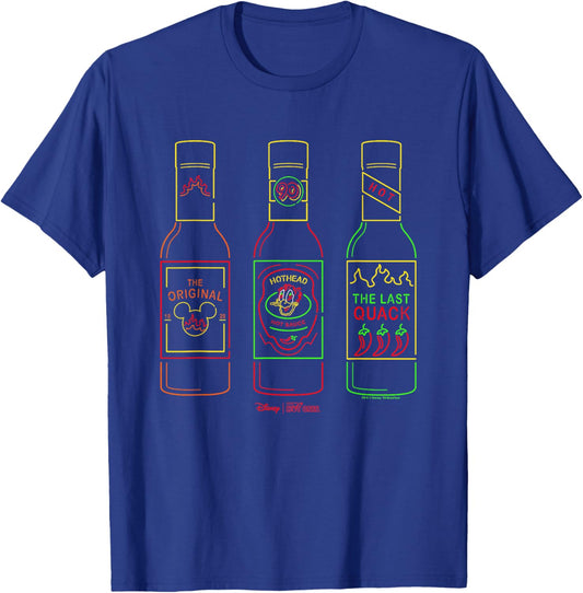 Disney Hot Ones Donald Duck Sauces Lineup Retro Neon Outline T-Shirt - T-Shirt | Royal