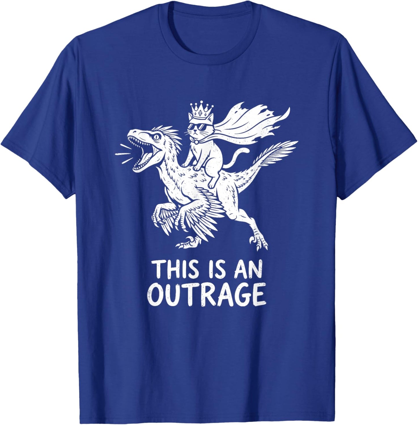 Funny Cat Riding Dinosaur This is an Outrage Meme T-Shirt - T-Shirt | Royal
