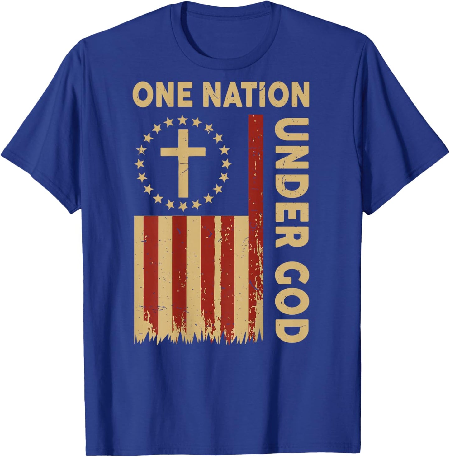On-Back One Nation Under God American Flag Patriotic Cross T-Shirt - T-Shirt | Royal