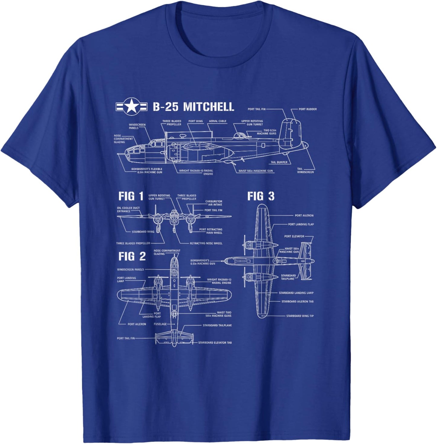 World War 2 American Aircraft B-25 Mitchell Bomber blueprint T-Shirt - T-Shirt | Royal