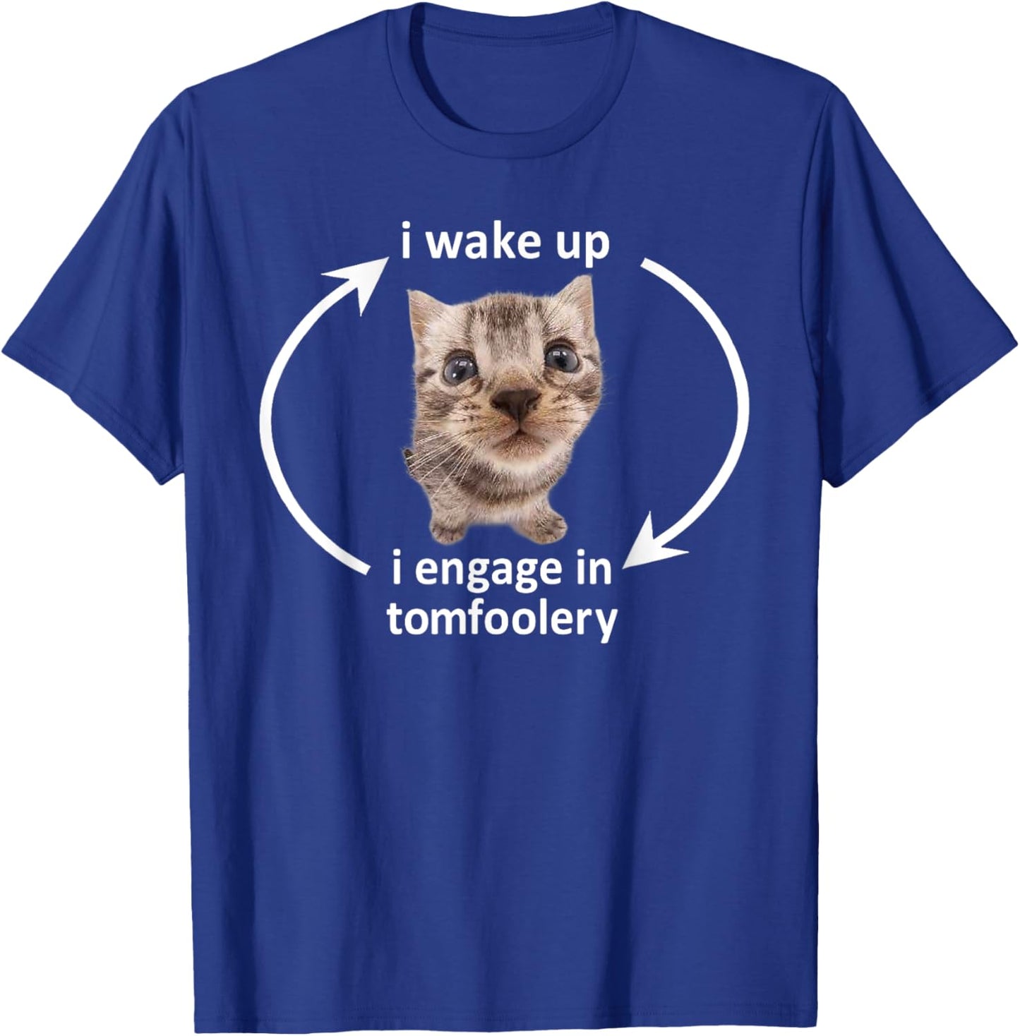I Wake Up I Engage In Tomfoolery Funny Cat Meme Men Women T-Shirt - T-Shirt | Royal