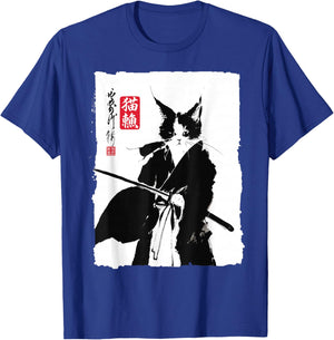 Japanese Samurai Cat Art Vintage Sumi-e Ink Painting T-Shirt - T-Shirt | Royal