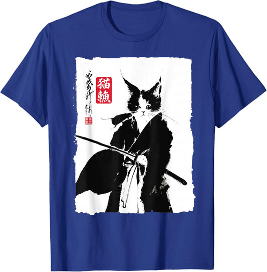 Japanese Samurai Cat Art Vintage Sumi-e Ink Painting T-Shirt - T-Shirt | Royal