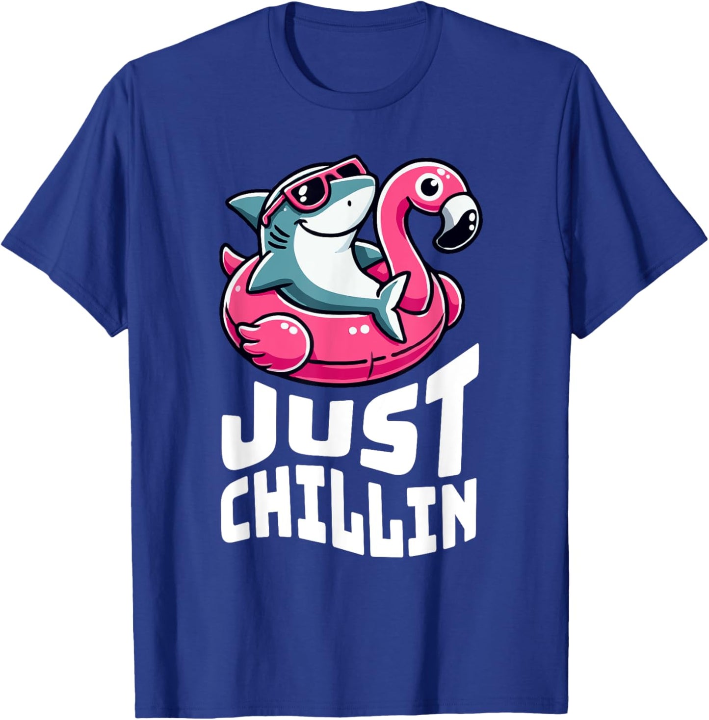 Funny Shark Just Chillin on Flamingo Float T-Shirt - T-Shirt | Royal