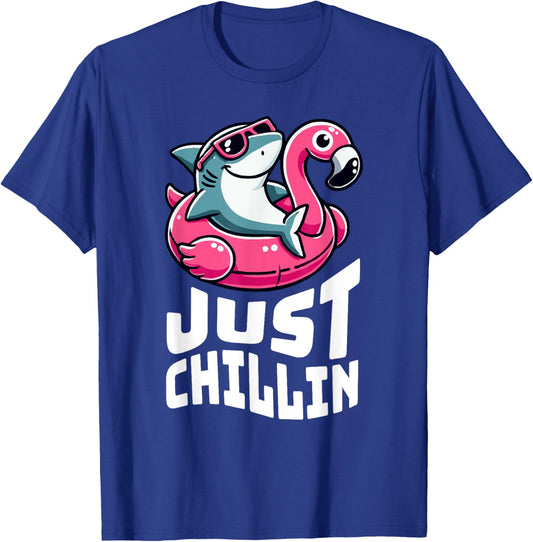 Funny Shark Just Chillin on Flamingo Float T-Shirt - T-Shirt | Royal