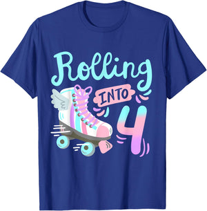 Rolling Into 4 Roller Skates Skater Girl 4th Birthday Party T-Shirt - T-Shirt | Royal