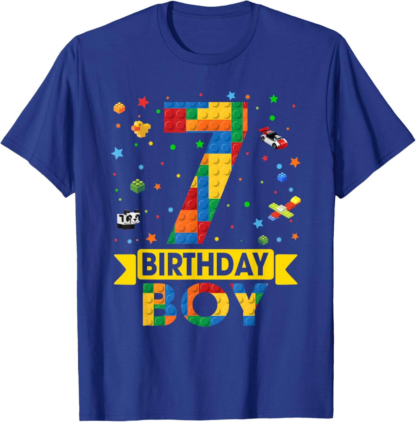 Kids Funny 7 Year Old Building Blocks 7th Birthday Boy T-Shirt - T-Shirt | Royal