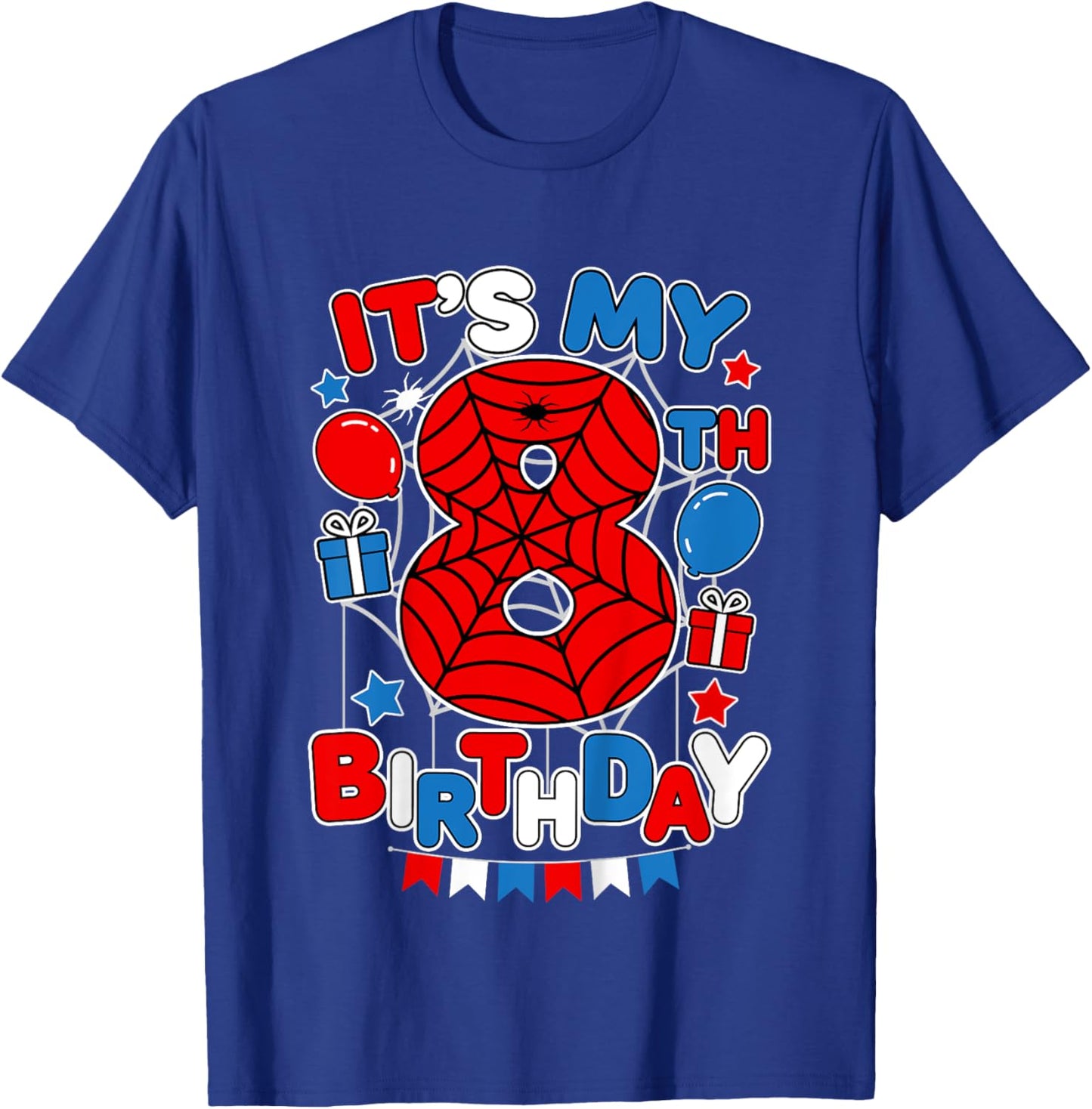 Kids It's My 8th Birthday Spider Theme Party 8 Year Old Boys Kids T-Shirt - T-Shirt | Royal