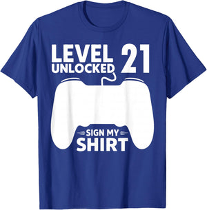 Level 21 Unlocked 21st Birthday Boy Video Game Party Sign My T-Shirt - T-Shirt | Royal