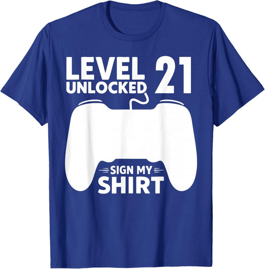Level 21 Unlocked 21st Birthday Boy Video Game Party Sign My T-Shirt - T-Shirt | Royal