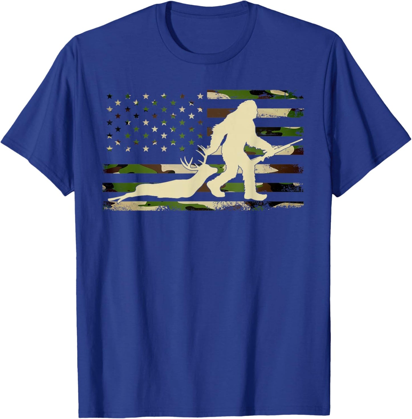 Bigfoot Deer Hunting Flag US Camouflage Sasquatch Hunting T-Shirt - T-Shirt | Royal