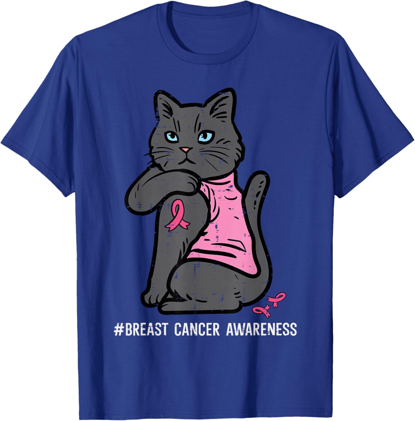 Breast Cancer Cat Pink Ribbon Awareness Women Girls Kids T-Shirt - T-Shirt | Royal