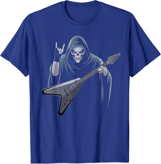 Skeleton Skull Guitar Rock On Heavy Metal Devil Horns Music T-Shirt - T-Shirt | Royal