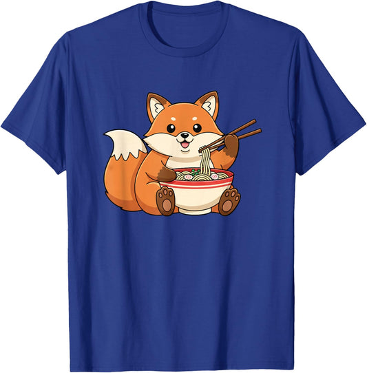 Cute Fox Eating Ramen Cartoon Animal Lover Funny Foodie T-Shirt - T-Shirt | Royal