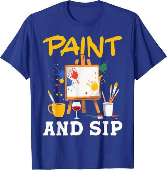Paint And Sip Party Art Funny Wine Drinking Rainbow Painting T-Shirt - T-Shirt | Royal
