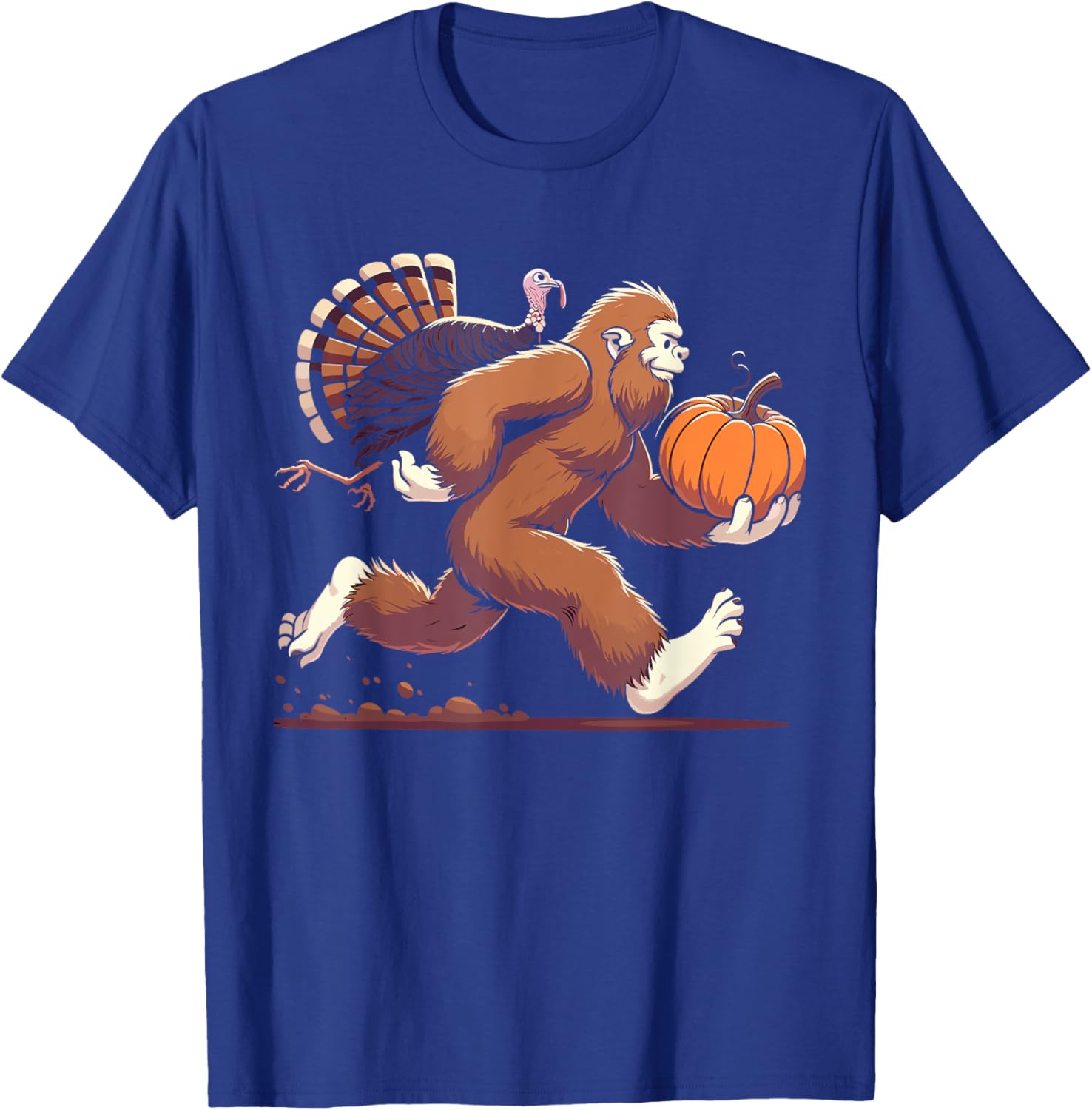 Bigfoot sasquatch with turkey and pumpkin for thanksgiving T-Shirt - T-Shirt | Royal